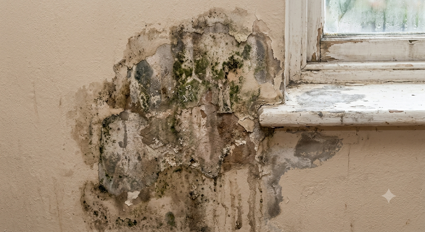 Close-up of severe damp and mould damage on a residential interior wall near a window sill.